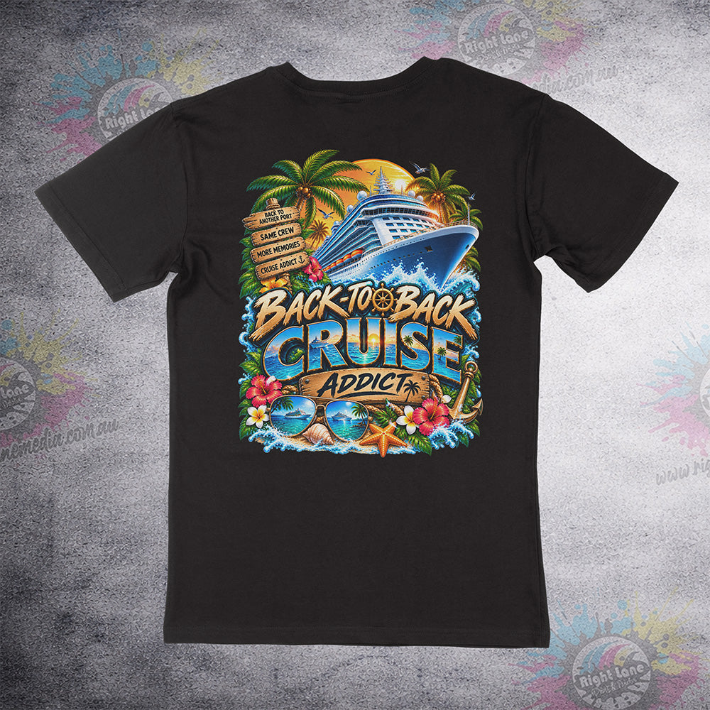 Back-to-Back Cruise Addict – Tropical back print on black Staple Tee