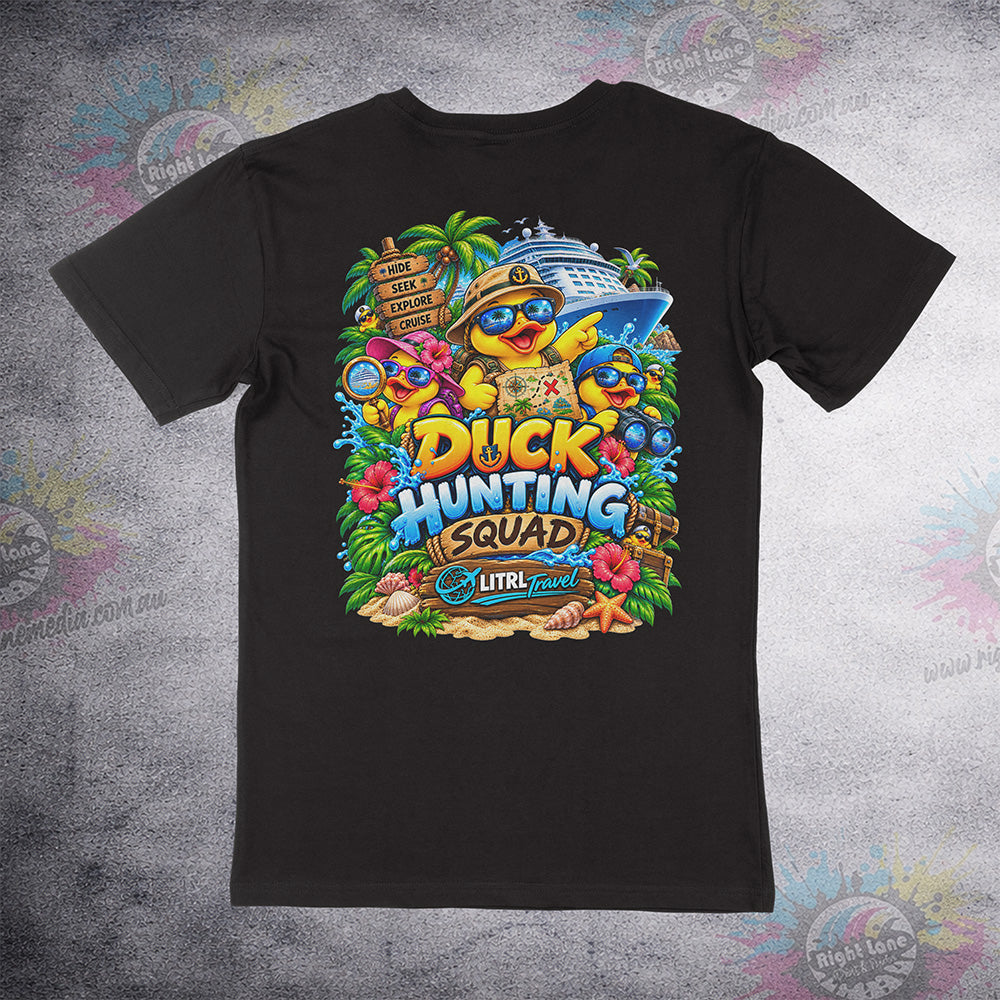Duck Hunting Squad back print on black Staple Tee