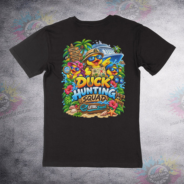 Duck Hunting Squad back print on black Staple Tee