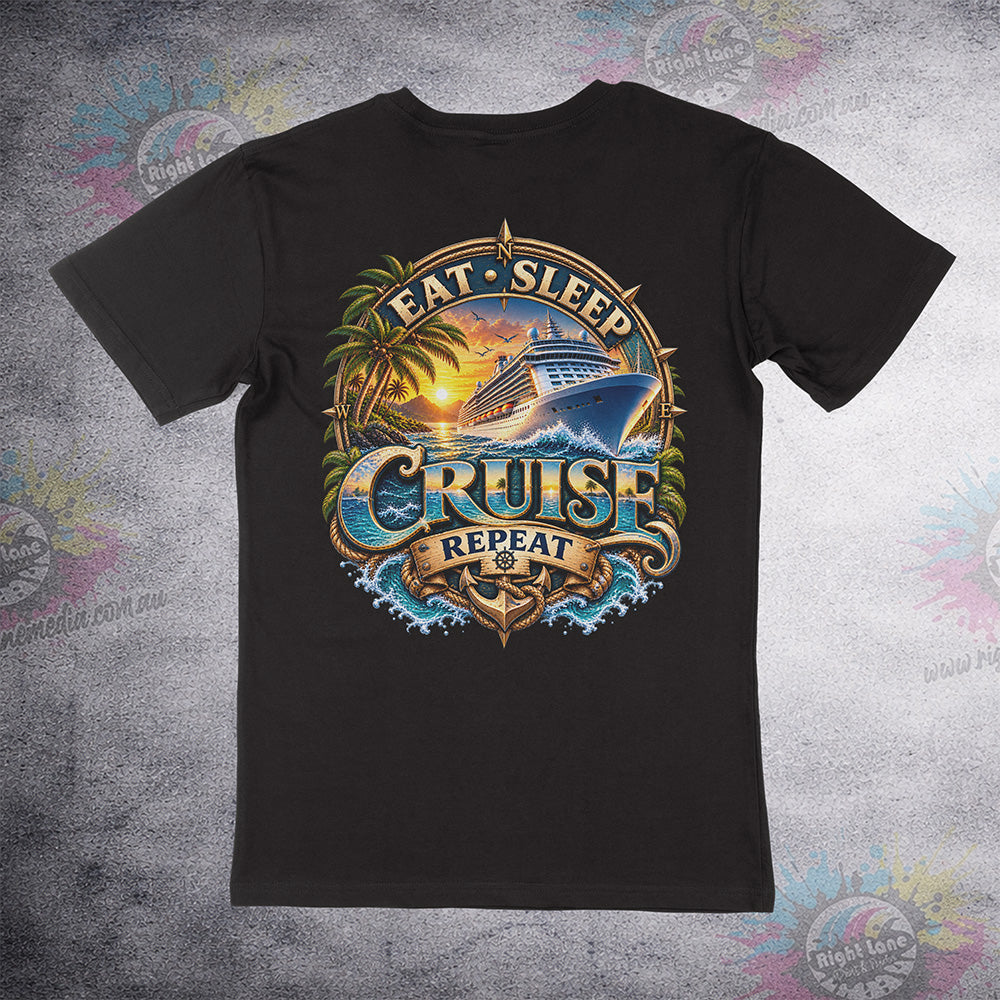 Eat. Sleep. Cruise. Repeat. back print on black Staple Tee