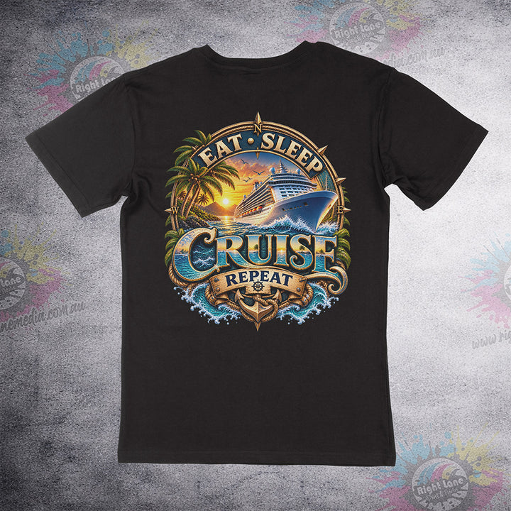 Eat. Sleep. Cruise. Repeat. back print on black Staple Tee