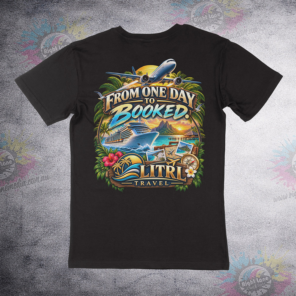 From One Day to Booked back print on black Staple Tee
