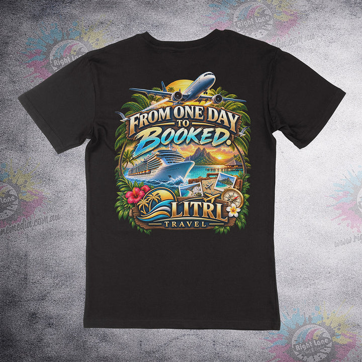 From One Day to Booked back print on black Staple Tee