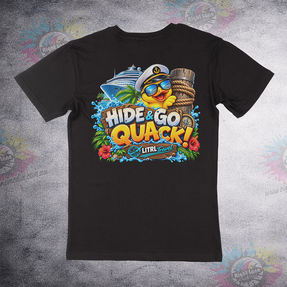 Hide & Go Quack back print on black Staple Tee