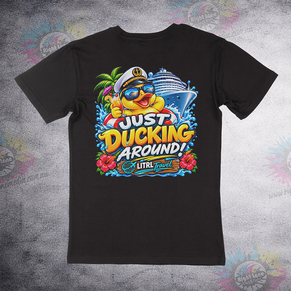 Just Ducking Around back print on black Staple Tee