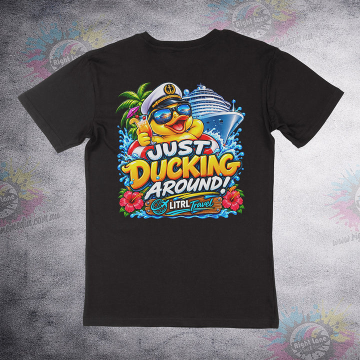 Just Ducking Around back print on black Staple Tee