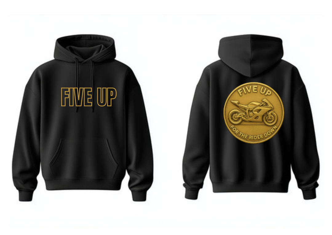 Five Up Gold Rider Emblem Hoodie in black front and back
