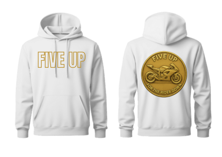 Five Up Gold Rider Emblem Hoodie in white front and back