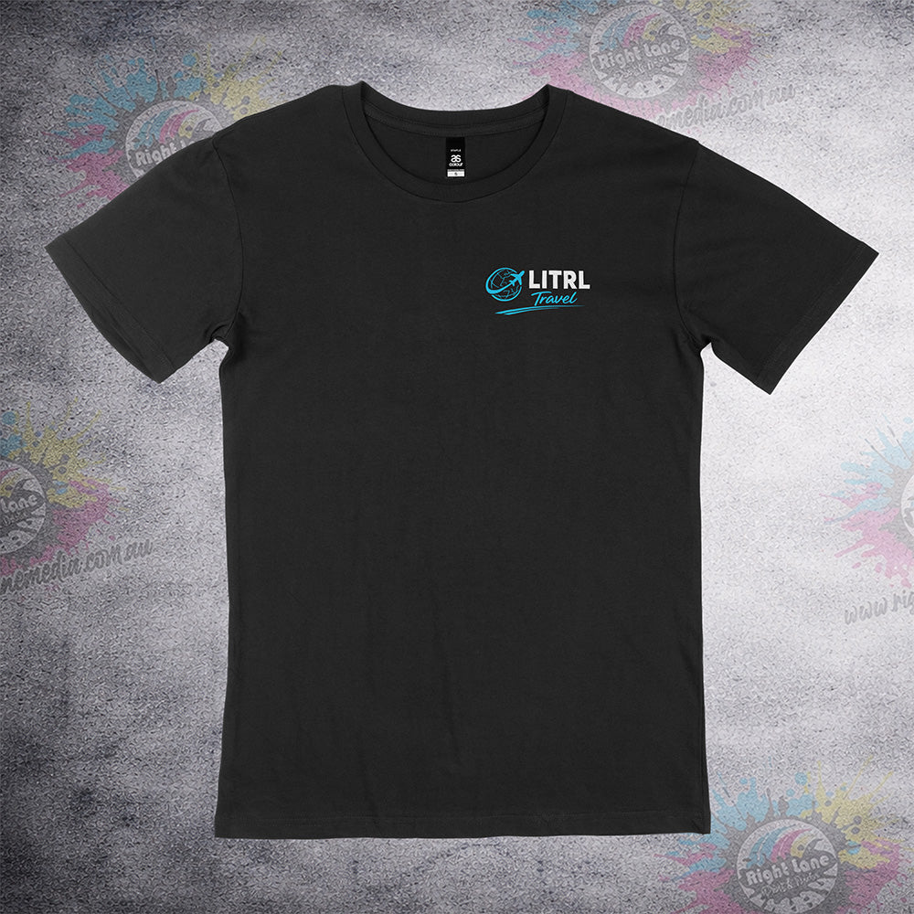 LITRL Travel front pocket print on black Staple Tee